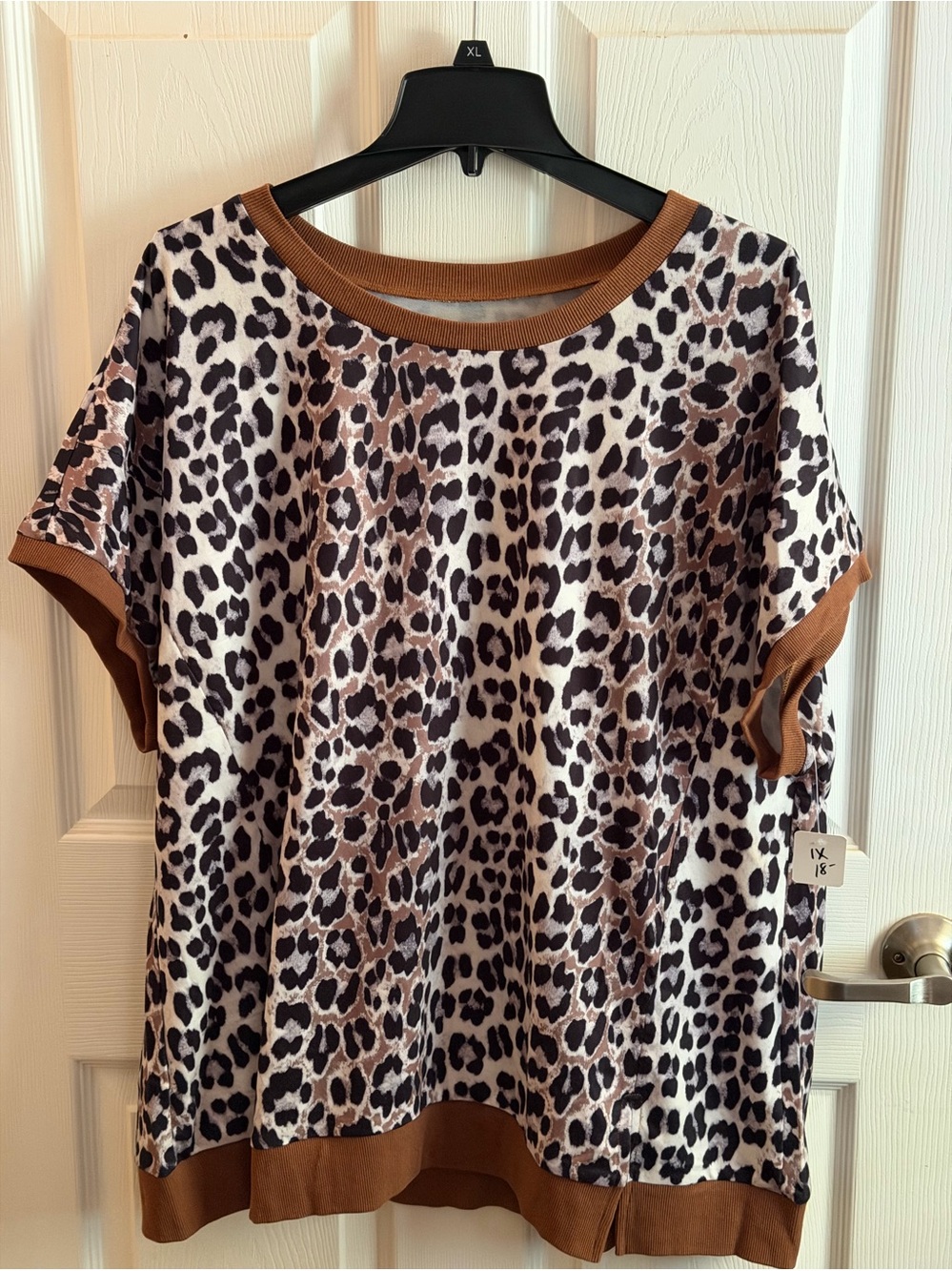 Leopard Print Short Sleeve Top with Brown Trim